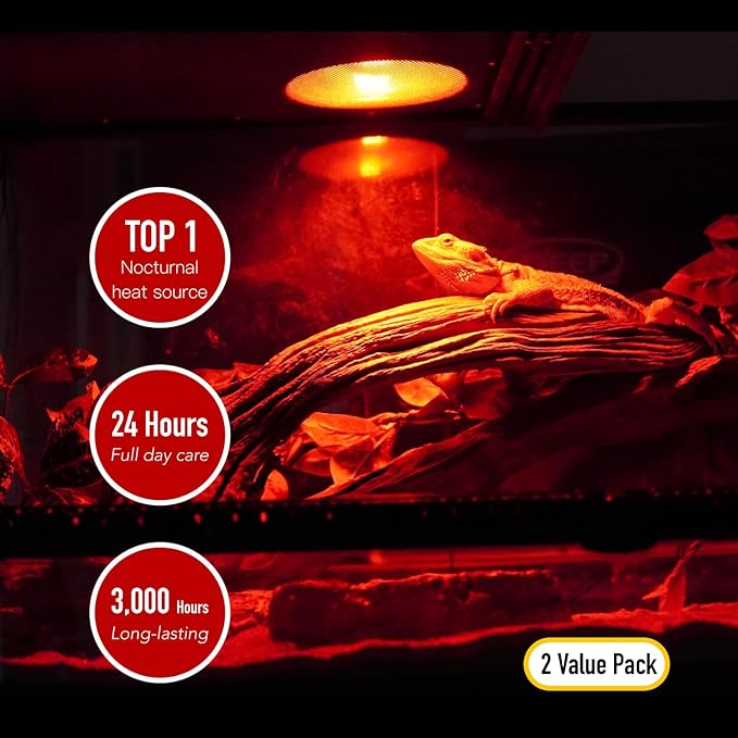 Reptile Red Heat Lamp, 2-Pack 75W Infrared Basking Bulbs Light for Reptiles, Night Red Basking Light for Bearded Dragon, Lizard, Gecko,Turtle Tank Accessories