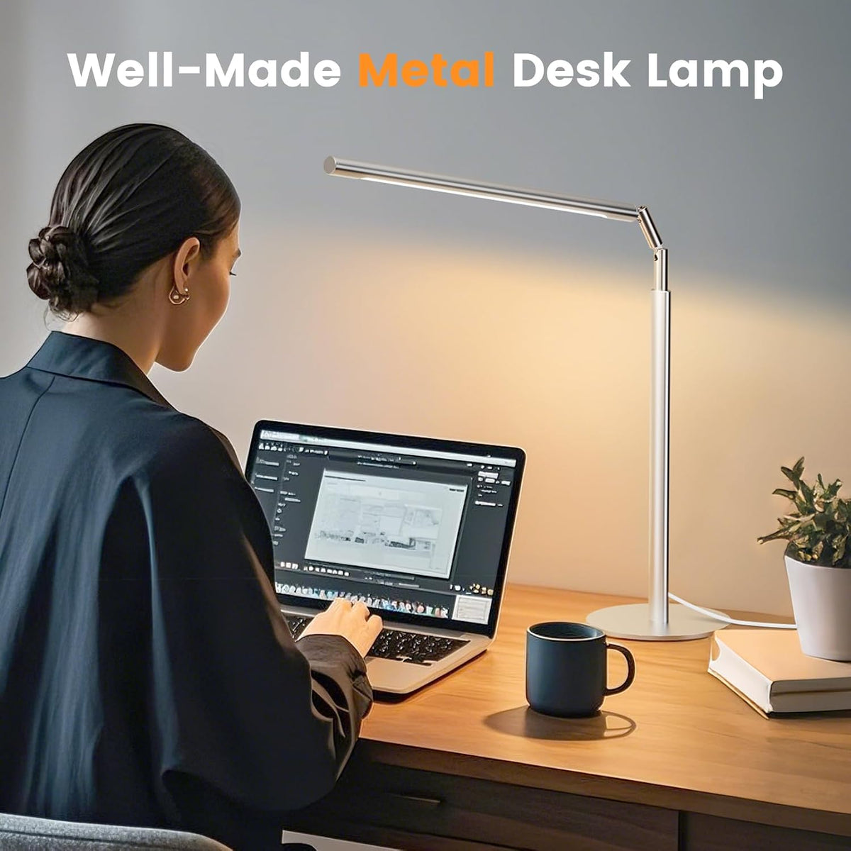 SIBRILLE Silver LED Desk Lamp, 16" Dimmable Metal Desk Light with Base, 15W 1200LM, Adapter Included, Color & Brightness Adjustable, Modern Tall Table Lamp for Home Office Reading Study Task Laptop