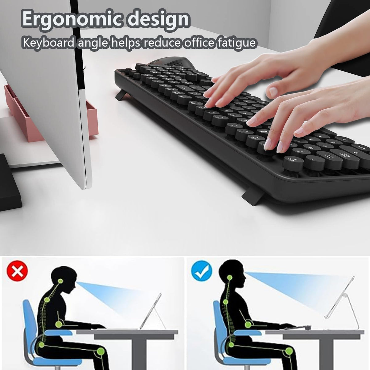 Wireless Keyboard and Mouse Combo, Retro Typewriter Style Keyboard with Round Keycaps, 2.4GHz Dropout-Free Connection Mouse with,Computer PC Desktops Laptop WindowsxP/7/8/10 (Black)