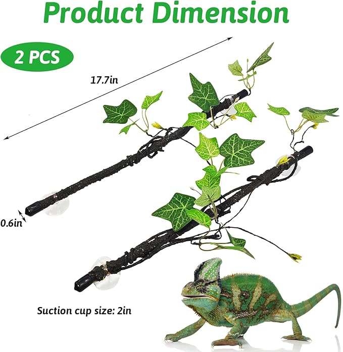 PINVNBY Reptile Corner Branch,2 PCS Flexible Jungle Climbing Vine with Suction Cup Terrarium Plant Decoration for Amphibian Dragons, Snake,Frogs, Chameleons（Green）