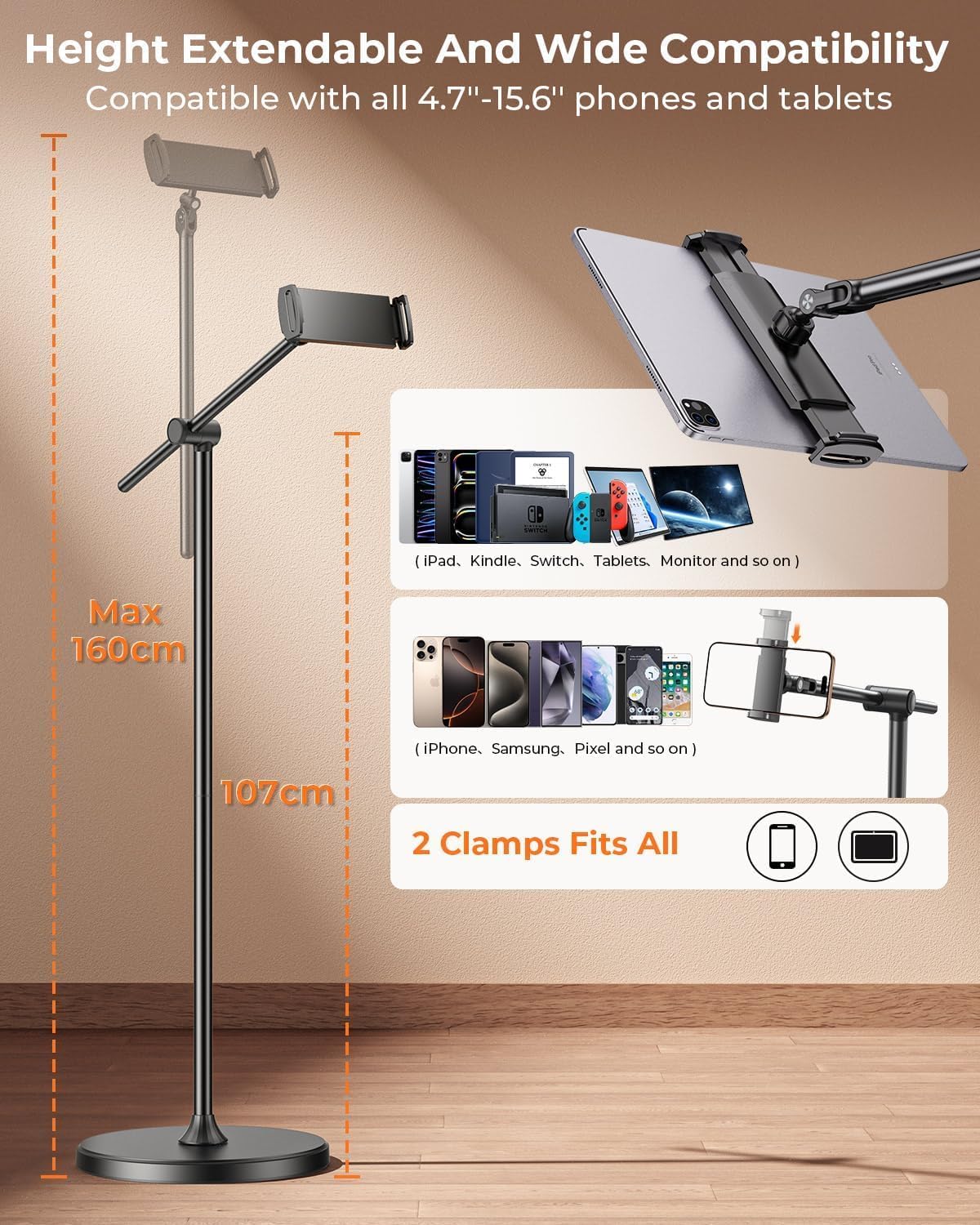 DIMONCOAT [Height-Adjustable & 360° Rotation Tablet Floor Stand Stable Base