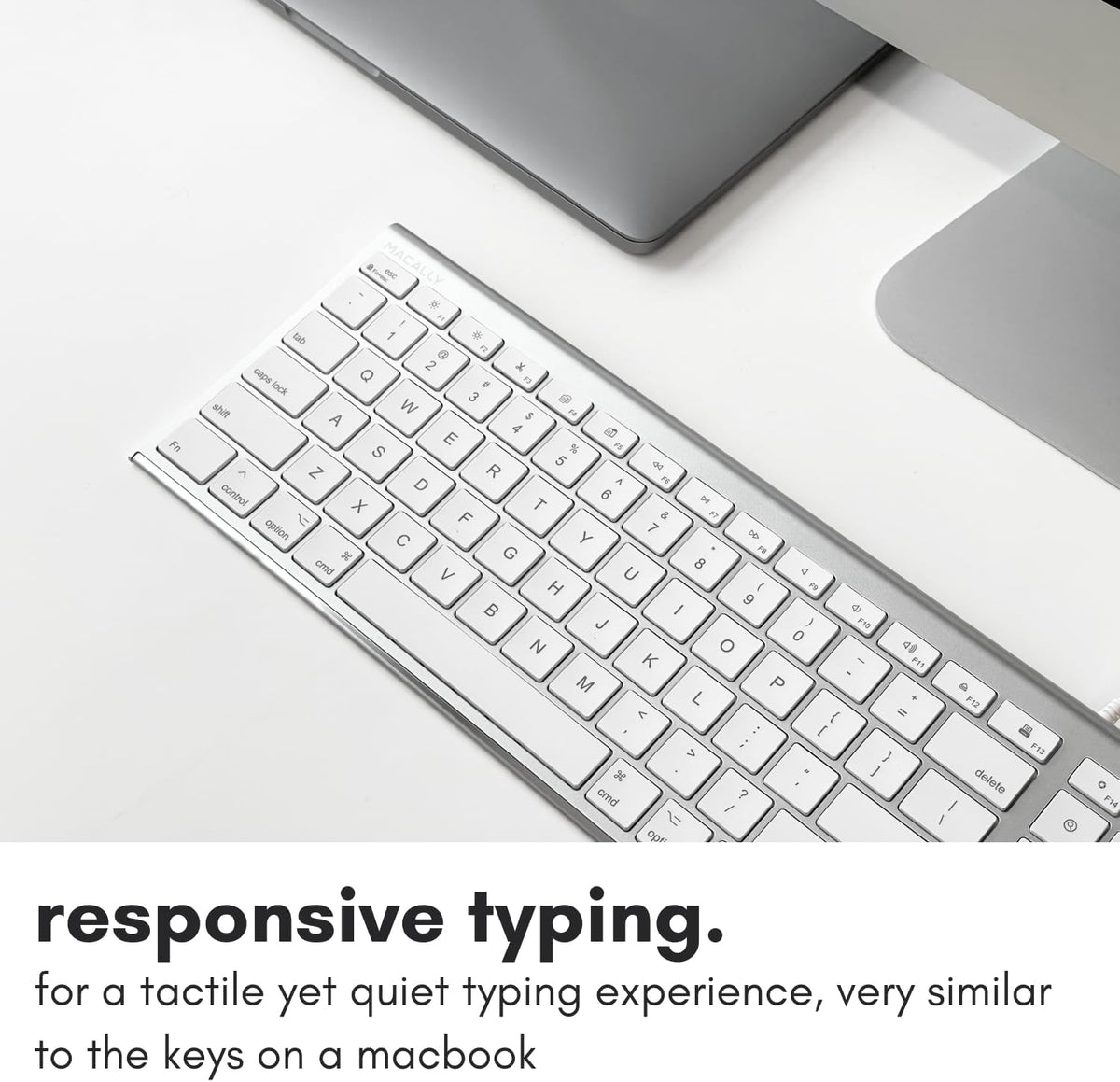Macally Ultra Slim USB Wired Computer Keyboard - Compatible Apple Keyboard or Windows - Full Size with 20 Mac Keyboard Keys -with Numeric Keypad - Silver Aluminum Finish