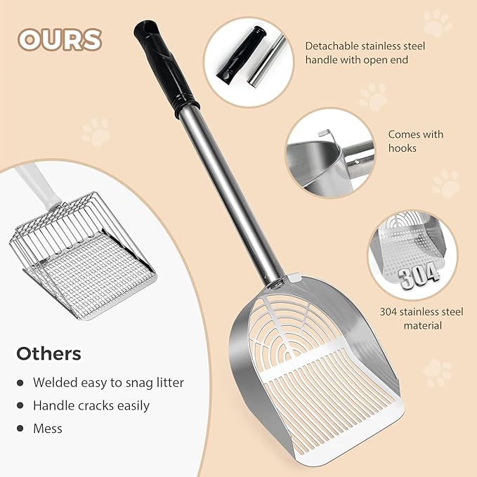 Cat Litter Scoop Deep Shovel, Detachable Long Handle Litter Scooper, Metal Cat Litter Scoop, Stainless Steel Cat Litter Scoop, Kitten Pooper Lifter, Kitty Metal Scooper with Holder Strip Hole