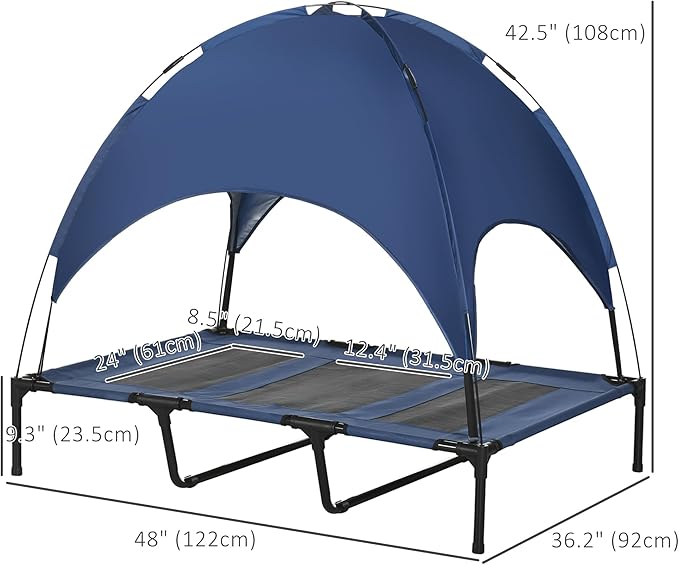 PawHut Elevated Dog Bed with Canopy, Portable Raised Dog Cot for XL Sized Dogs, Indoor & Outdoor, 48" x 36" x 43", Dark Blue