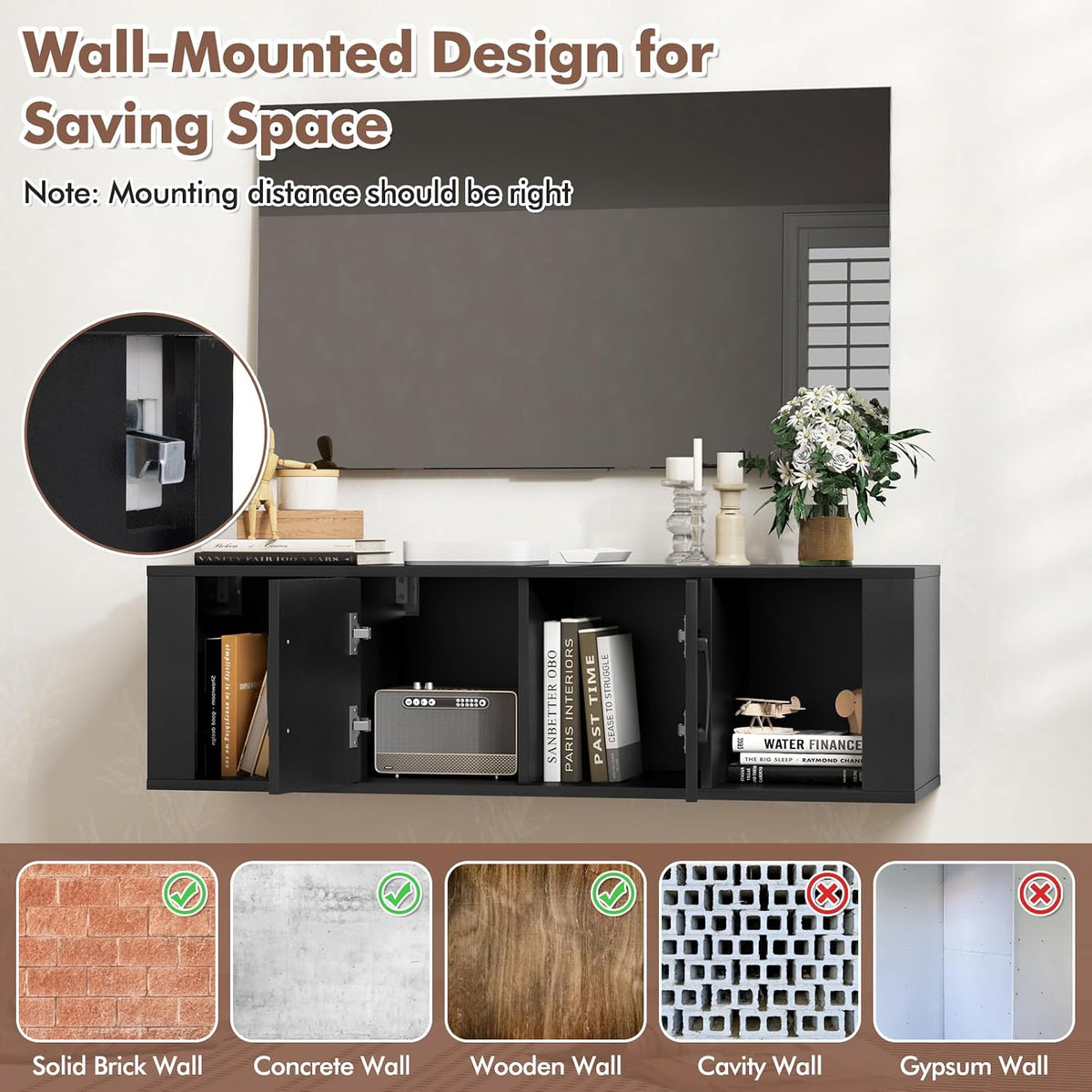 GIANTEX Wall Mounted Storage Cabinet, 2 Cube Floating Desk with Doors,Black