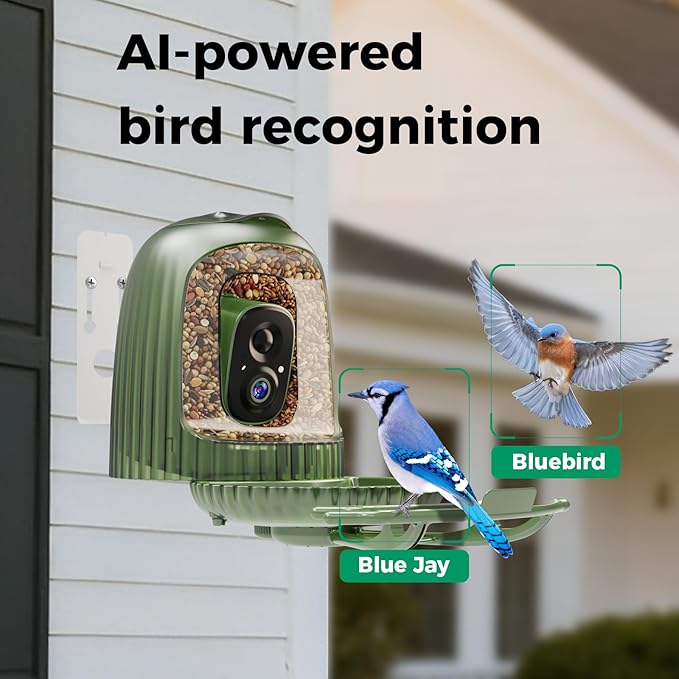 HIXX Smart Bird Feeder with Camera, AI Bird Identifier & 4MP Color Night Vision, Exclusive Vertical View Mode, Squirrel-Deterrent Design, Solar Light for Nature Lovers (Soft White)