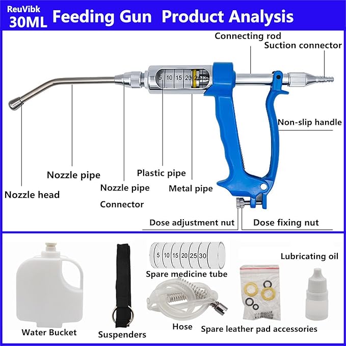 30 ML Adjustable Veterinary Metal Feeding Gun, Continuous Drench Gun Continuous Dosing Device Veterinary Medicine Dispenser Husbandry Autonomous Feeding Tool, for Pig Cow, Sheep, Horse