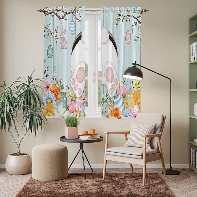 Easter Bunny Window Curtains 63 Inch Long 2 Panel Set, Rod Pocket Bedroom