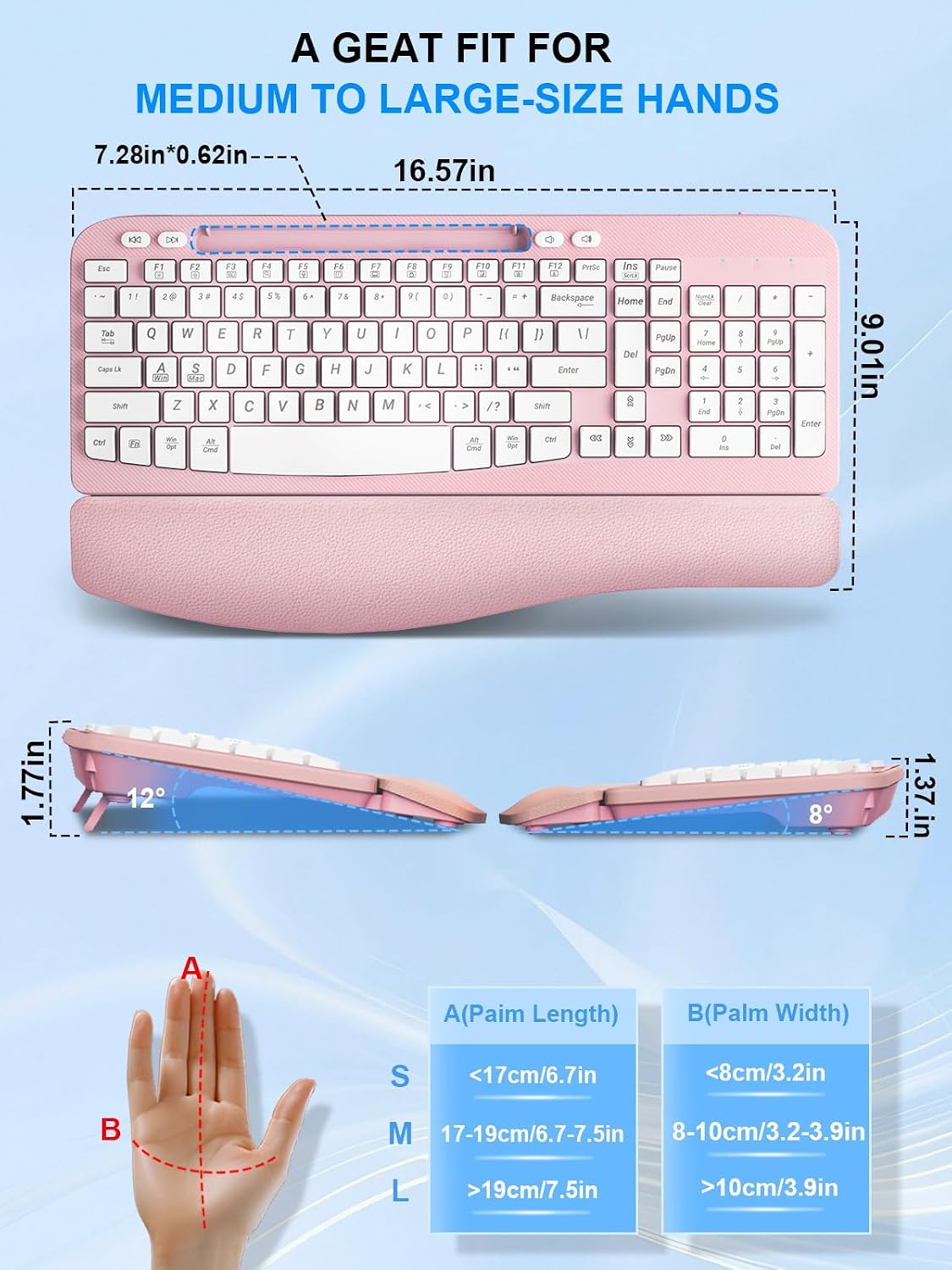 Hayyiesh Ergonomic Wave Keys Wireless Keyboard and Mouse Combo, Full Size with Memory Foam Wrist Rest & Phone Holder, 2.4G Cordless Set with USB-C Adapter for Windows Mac Desktop Laptop (Pink)