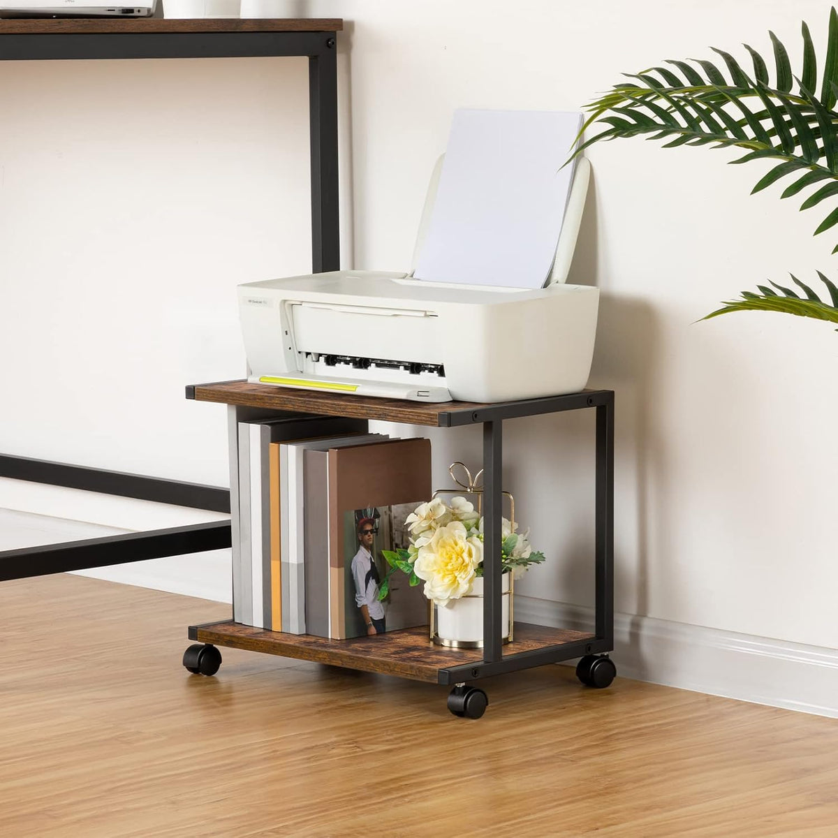 HOOBRO Under Desk Printer Stand, 2-Tier Industrial Printer Cart with Storage Shelf, Mobile Machine Holder Table Stand, for Home and Office, Rustic Brown and Black BF42PS01