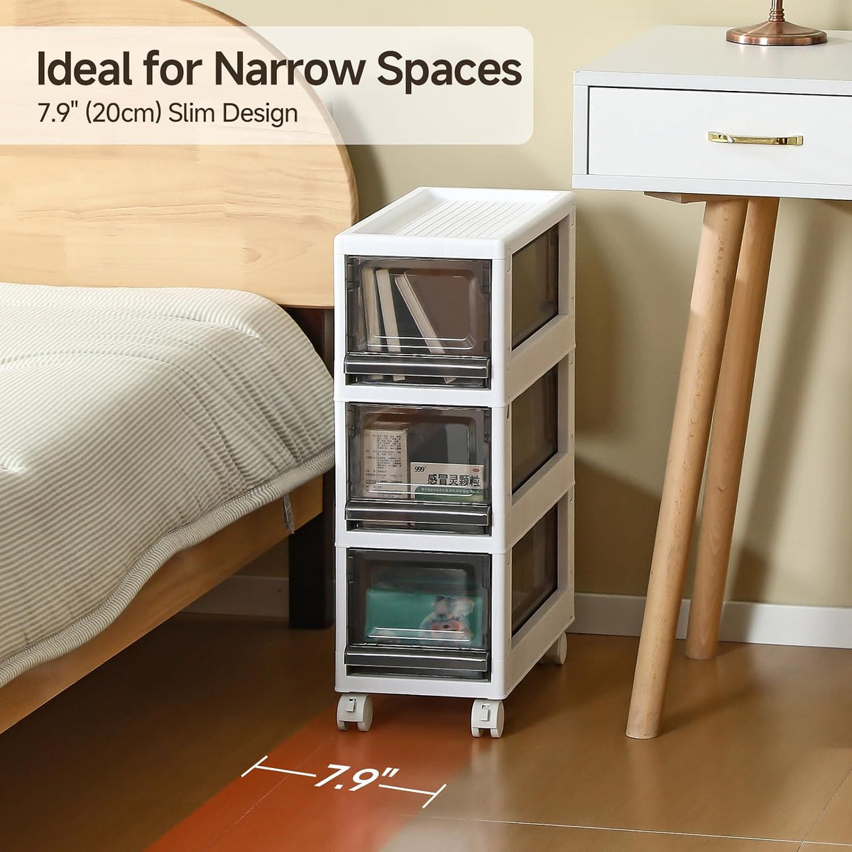 Plastic 3 Drawer Storage Organizer, Narrow Plastic Storage Drawers with Wheels, Storage Cart with Drawers for Small and Narrow Space, 7.87-inch Wide (gray)