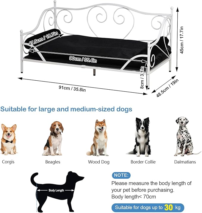 Pet Couch Bed, Large Dog Sofa Beds, Dog Furniture, Medium Pet Couch,Metal Frame and Washable Cushion, for Medium Sized Dogs Sitting (White)