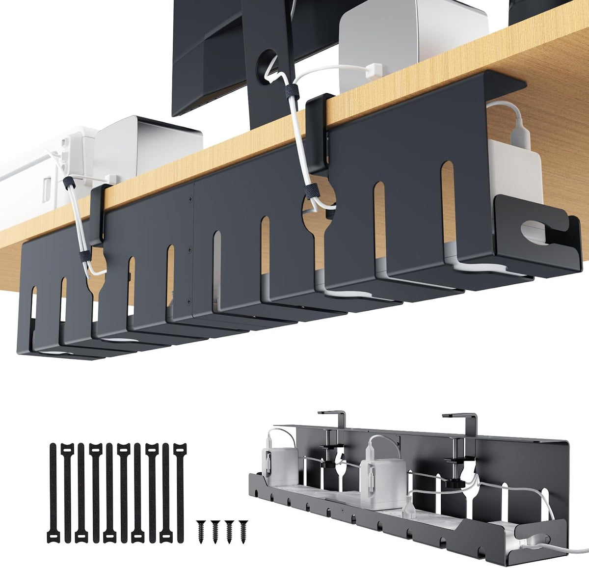 KEEGH Under Desk Cable Management Tray 32 in, Metal Cable Holder, Black