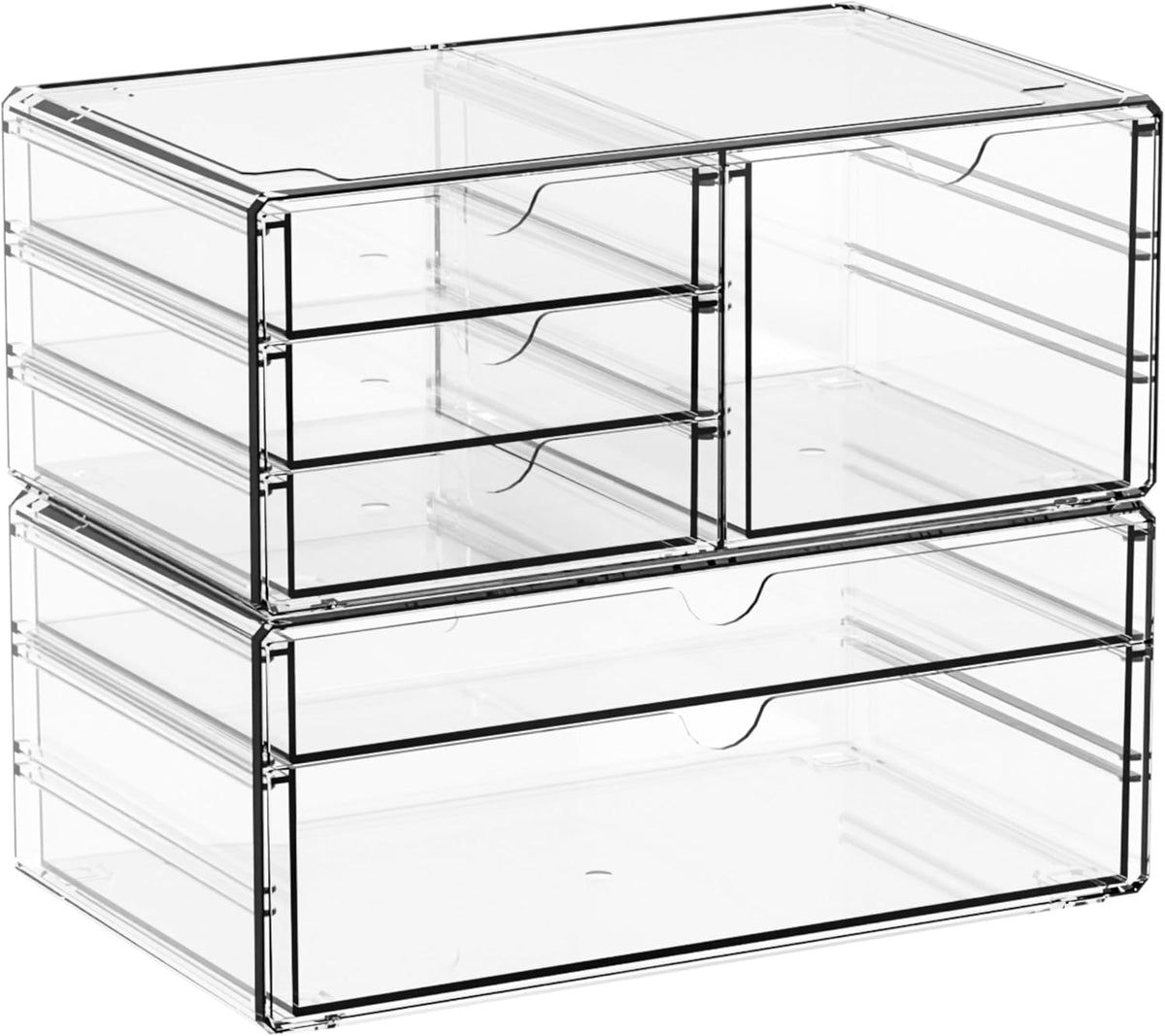 Yieach 2 Pack Acrylic Drawer Organizer With 6 Drawers,Stackable 11.1” Large Clear Storage Drawers and Makeup Organizer For Vanity,Bathroom Countertop,Cabinet,Pantry,Office Supply Storage Bins Drawers