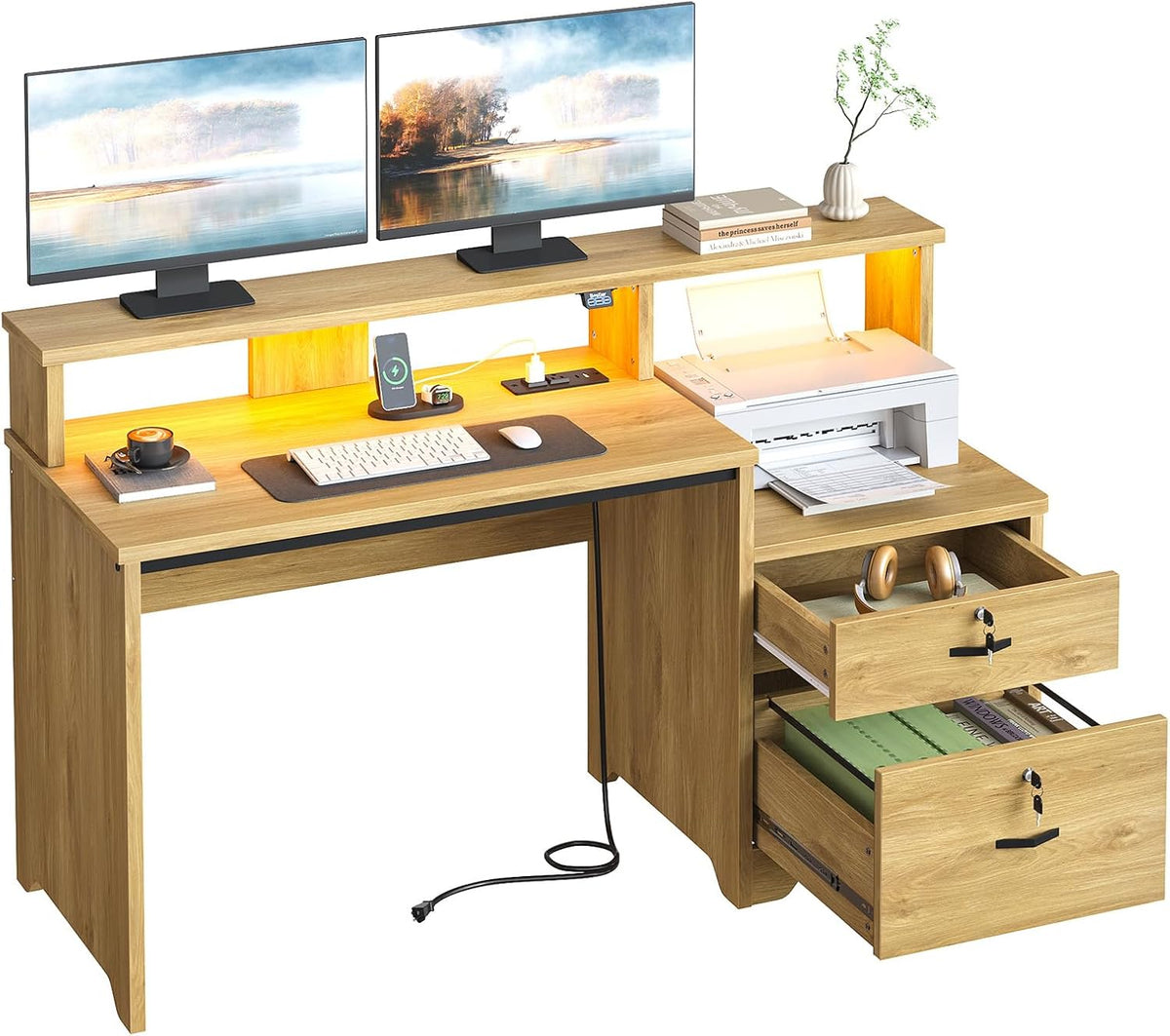 Bestier 55-Inch Computer Desk with Power Outlets & LED Lights, Natural Oak