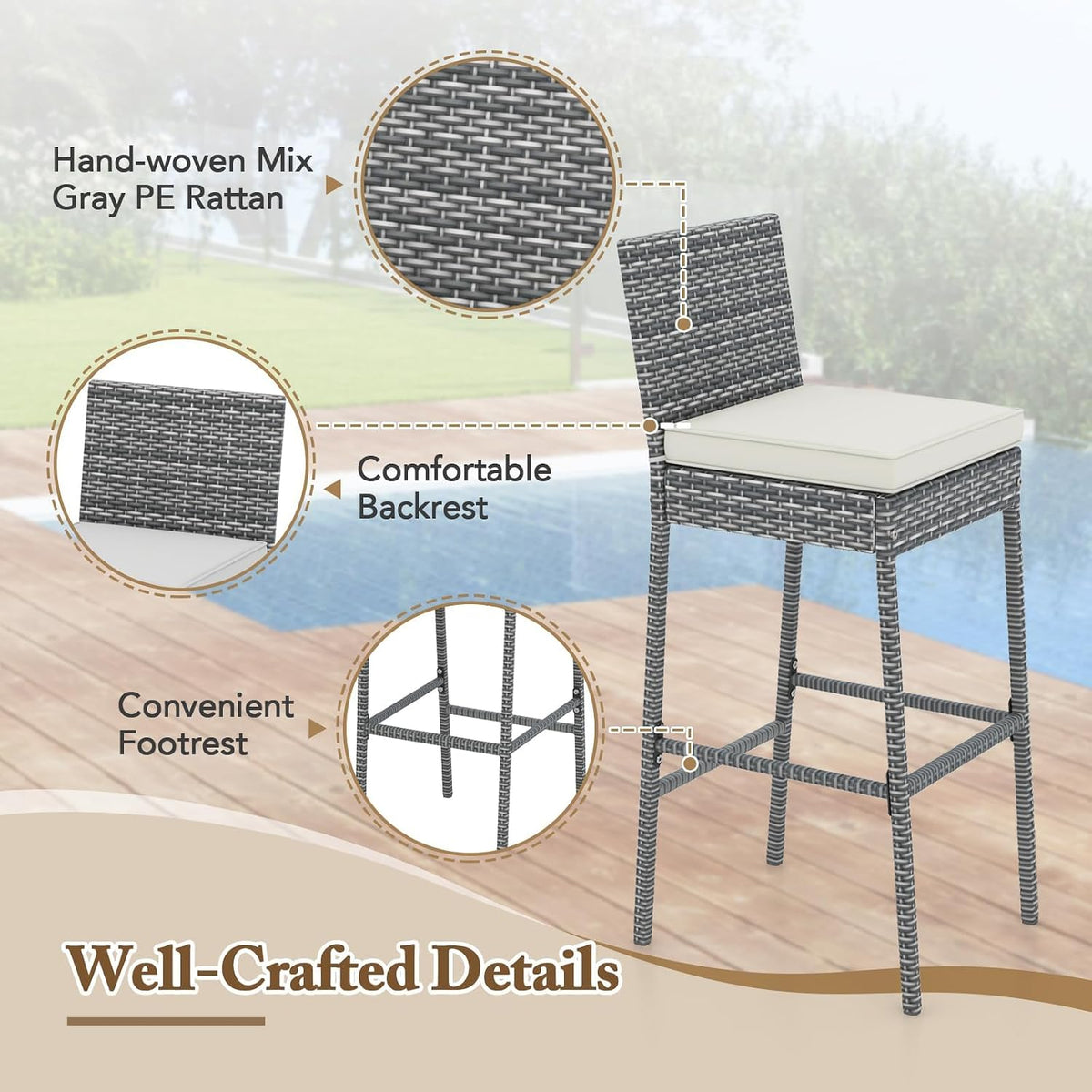 HAPPYGRILL Outdoor Rattan Bar Stools Set of 4, Wicker Bar Chairs