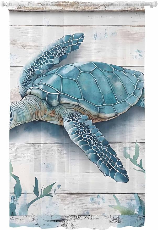 Sheer Curtains 96 Inches Long, Teal Green Sea Turtle Semi Sheer Curtains Light