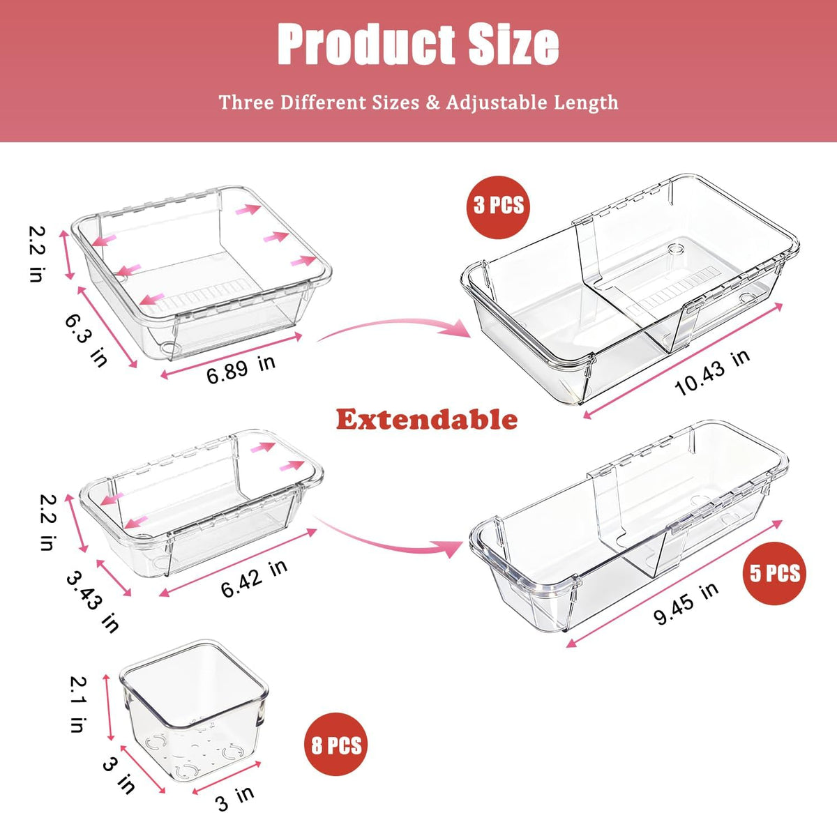 16 PCS Clear Drawer Organizer, Adjustable Drawer Storage Box, 3-Size Expandable Desk Drawer Organizer, Acrylic Storage Bins for Gadgets Storage, Kitchen Utensils, Cosmetics, and Bedroom Dressers