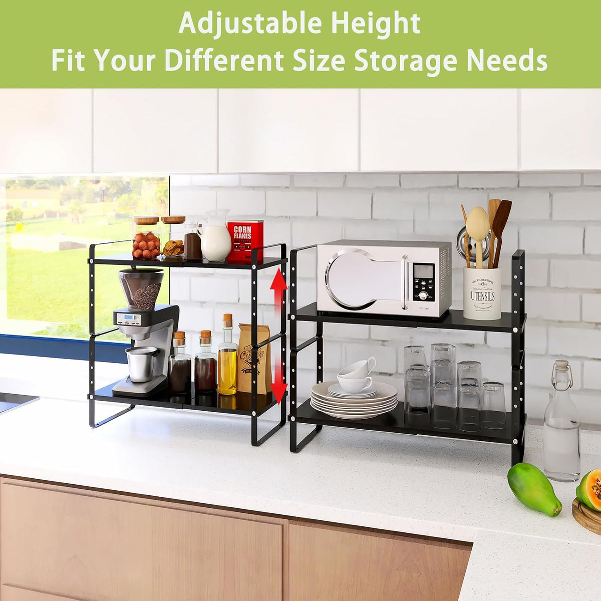 Across-Star Expandable Cabinet Shelf Organizer Rack, Stackable Kitchen Countertop Organizer Storage Shelves, Adjustable Height Pantry Counter Shelf Riser Spice Rack (Black, 2 Pack)