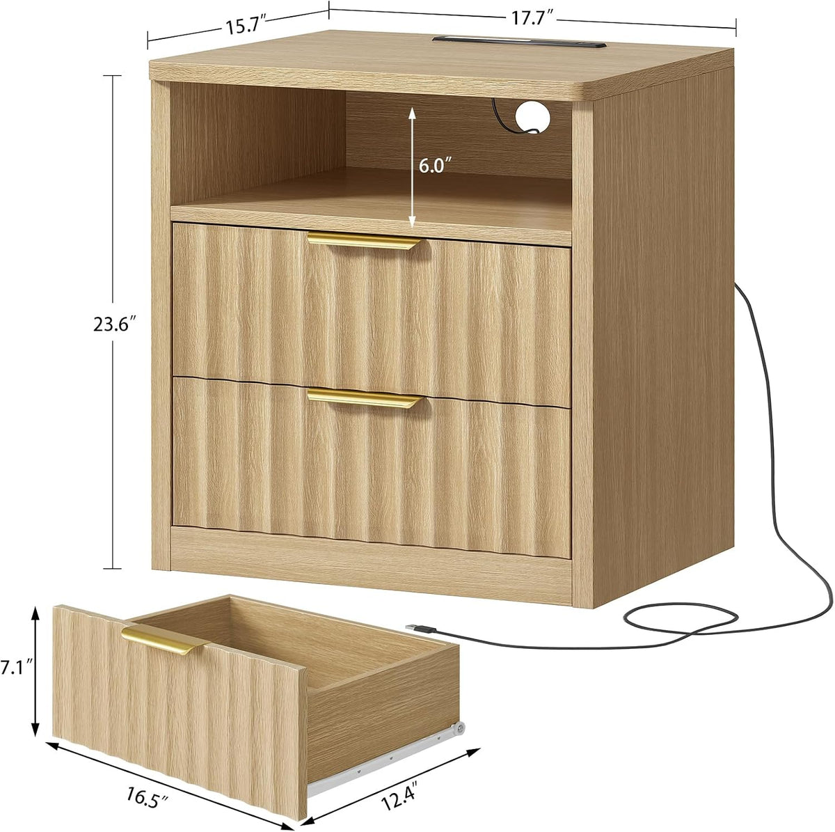 TEENFON Fluted Night Stand, Nighstand with Charging Station and LED Light, Modern Bed Side Table for Small Space, Storage Drawer and Open Shelf, for Bedroom, Natural