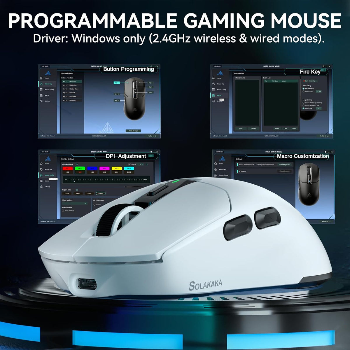 SOLAKAKA SM820 Wireless Gaming Mouse with RGB Charging Dock,24000 DPI Tri-Modes Wireless Mouse with 2 Side Buttons, PAW3311 Optical Sensor, Programmable Macro Mouse for Gaming(White)