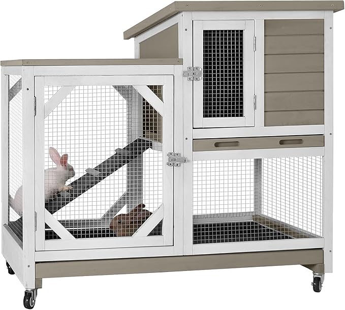Aivituvin Upgrade Rabbit Hutch Rabbit Cage Indoor Bunny Hutch with Run Outdoor Rabbit House with Two Deeper No Leak Trays - 4 Casters Include (Mocca Color Without Bottom Wire Netting)