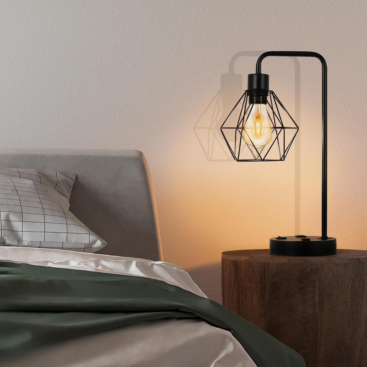 BTY Industrial Table Lamps Set of 2 Vintage Desk Lamp Metal Cage Nightstand Bedside Lamp with Dual USB Charging Ports and AC Outlet for Bedroom Living Room Office (Black)