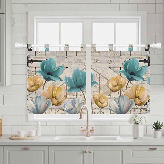 Watercolor Flowers Kitchen Curtains 24 Inch Length, Small Window Curtains Tab