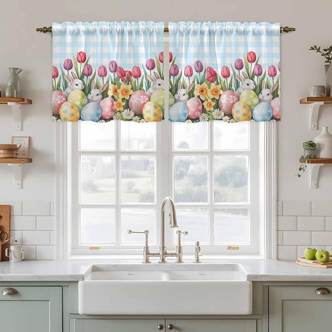 Easter Kitchen Tier Curtains 24 Inch Long 2 Panel Set, Rod Pocket Cafe Small