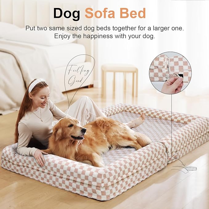 Large Dog Bed Orthopedic Washable: Beds Bolster XL Bed Large Big Dogs Egg Crate Foam Couch Sofa Waterproof with Removable Cover - Pink Grid