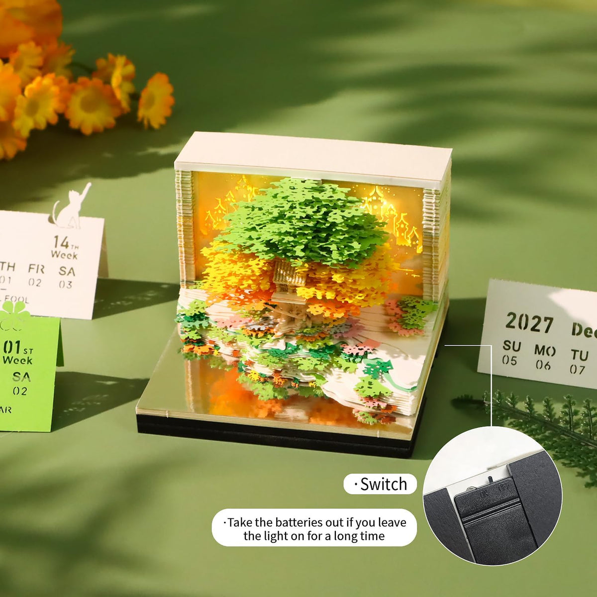 3D Calendar 2027,Tear-Away Time Piece Calendar 3D Memo Pad,Flower Sea Tree Island 3D Art Desk Calendar with Lights