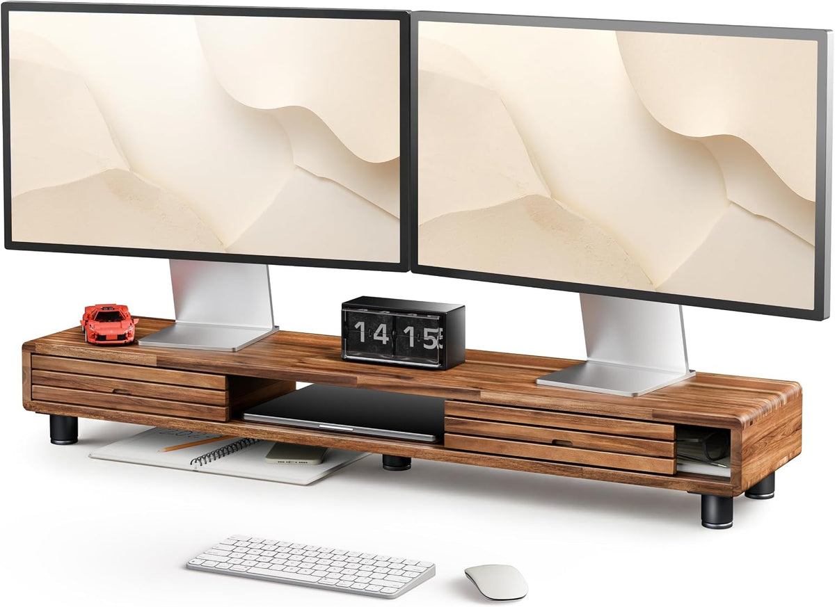 Tinamo 42.5" L Dual Monitor Stand Riser with Sliding Doors, Adjustable Feet