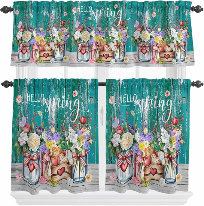 Spring Flowers Kitchen Curtain Set, Farmhouse Watercolor Teal Wood Grain Window