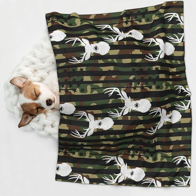 Reversible Pet Blanket for Easy Cleaning Maintenance, Cool Deer Camo Camouflage American Flag Hunting Black, Double Sided Plush Dot Design Means Double Use Between Washes for Convenience