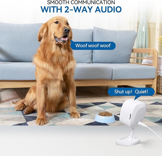 2K Home Indoor Pet Security Camera 2.4GHz with Night Vision, Dog/Cat 2-Way Audio, Wired, Motion Detection and Pet Monitor, Cloud & SD Card Storage, Phone App Control (White-2Pack)