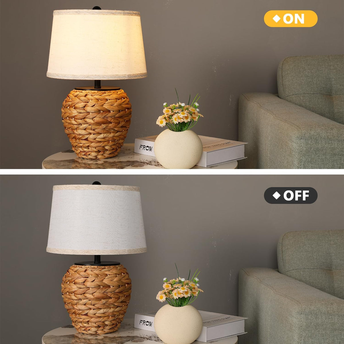 SOTTAE 15.3" Woven Natural Rattan Table Lamp with Linen Shade, Boho Bedside Lamp for Bedroom, Hand-Woven Rustic Farmhouse Desk Lamp for Living Room, Coastal Accent Lighting for Home Office