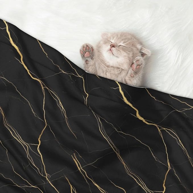Reversible Plush Dot Pet Blanket for Dogs and Cats, Chic Black and Gold Marble Texture, Ultra Soft Two Sided Design with Warm Fuzzy Side and Smooth Side for Comfort