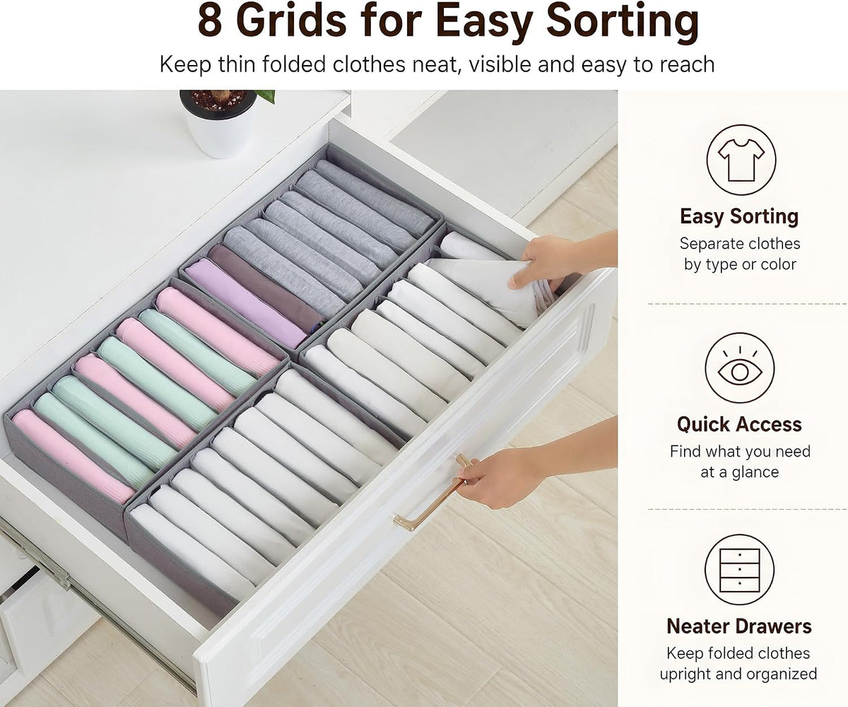Qozary 4 Pack Drawer Organizers for Clothing, 8 Grids Foldable Closet Organizers and Storage Bins for Bedroom, Dresser Organizer Boxes for Thin T-shirts, Tank Tops, Camisoles, Tights, Leggings