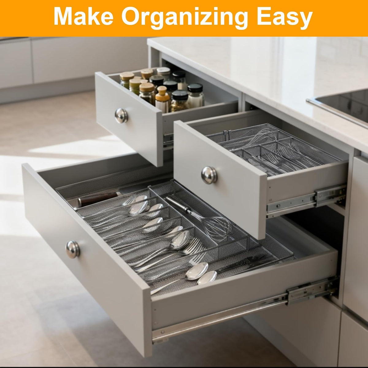 2 Pcs Utensil Drawer Silverware Organizer, Metal Mesh, Silver