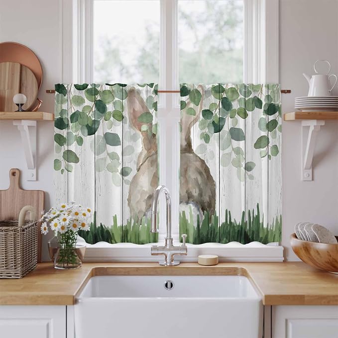 Easter Kitchen Curtains, Country Rabbit Botanical Leaves Wooden Grain Light