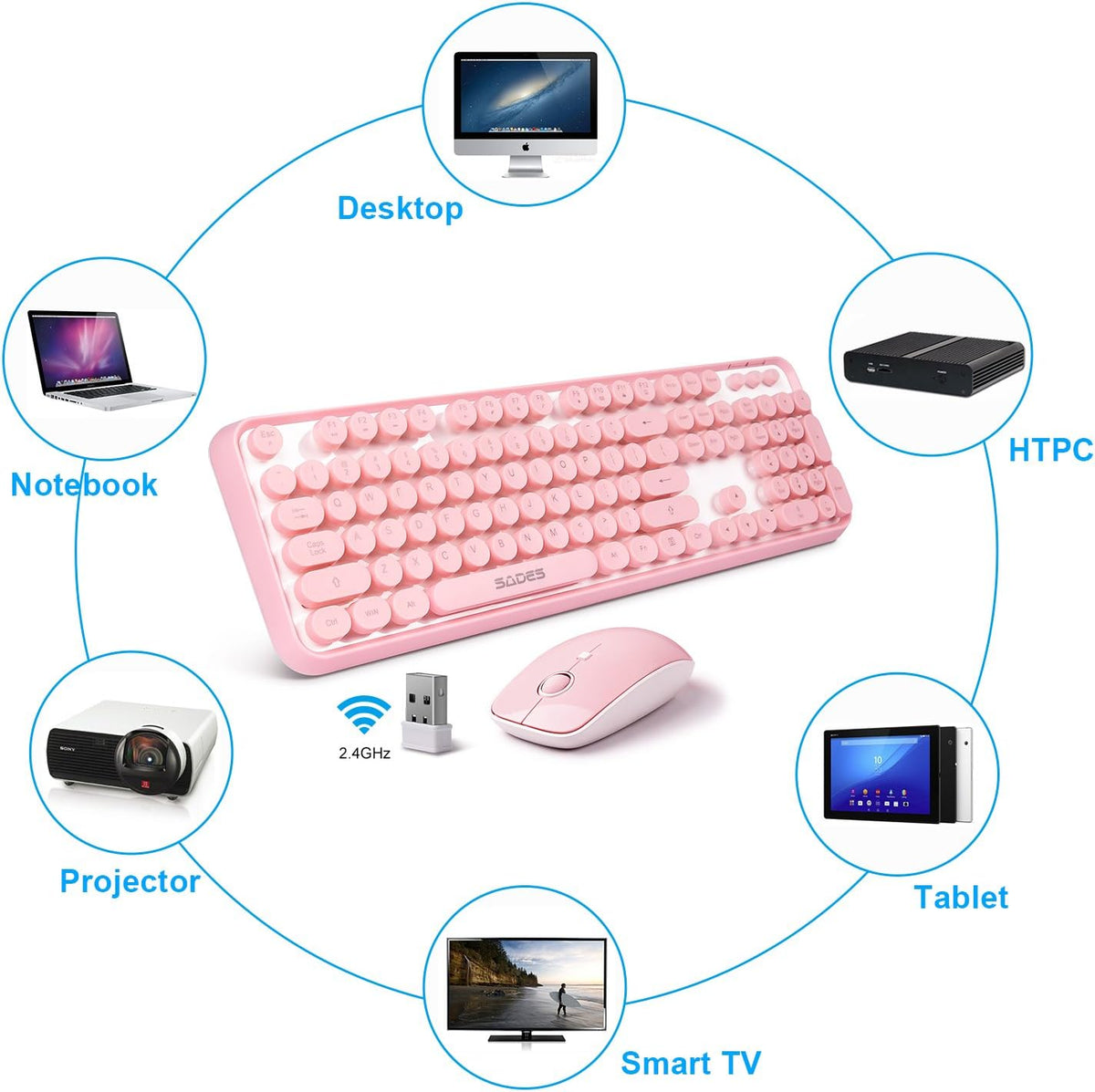 Pink Wireless Keyboard and Mouse Combo,Cute Typewriter Style,for Long Nails