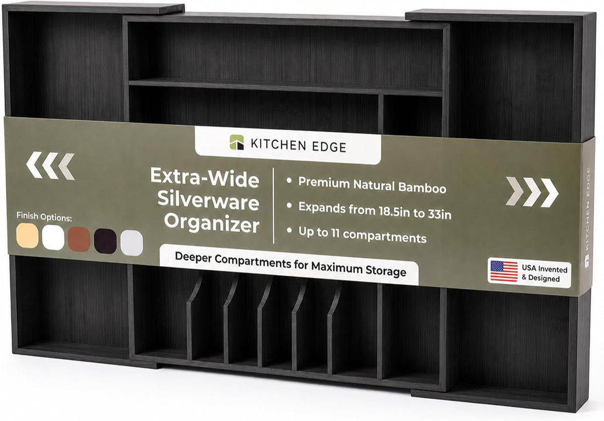 KitchenEdge Silverware & Utensil Drawer Organizer, 18-33 in, Black Bamboo