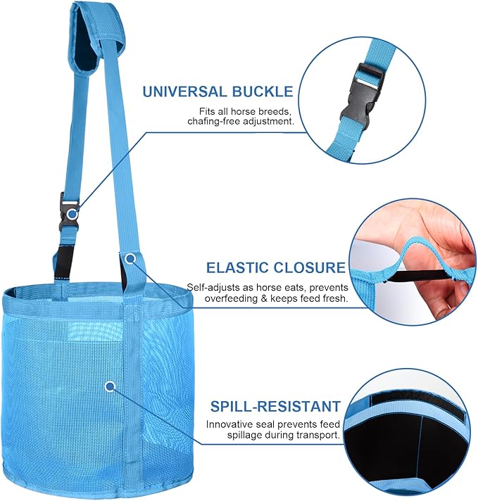 Heavy Duty Durable Waterproof Horse Feed Bag with Adjustable Strap - Mesh Grain Design, Comfort Neck Pad & Nose Pad Sky - Blue