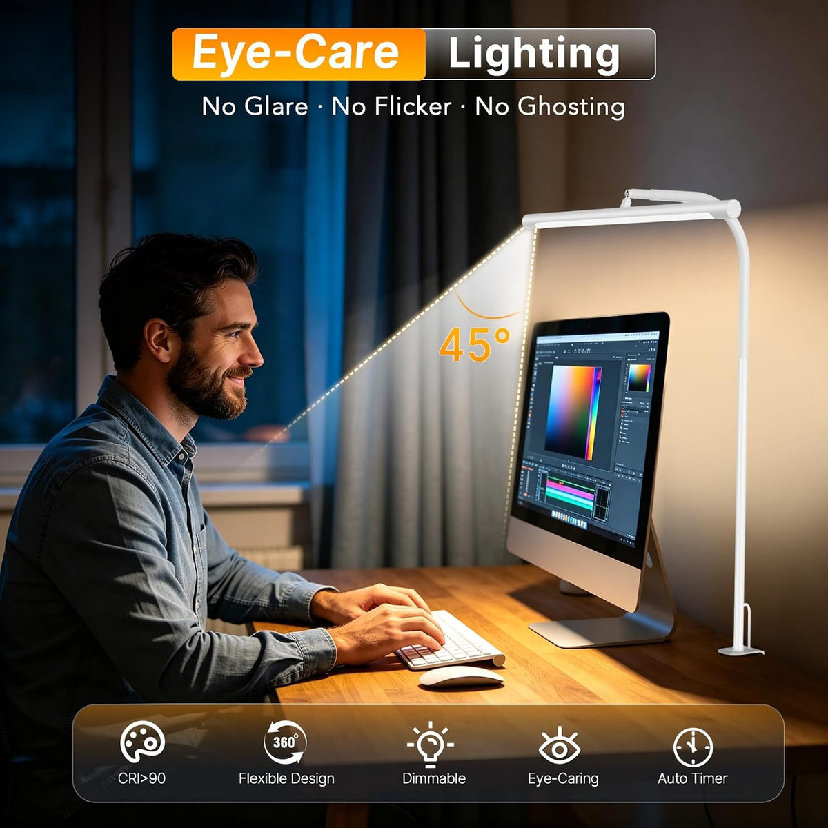 LED Desk Lamp with Clamp, Eye-Caring Dimmable Desk Light for Home Office