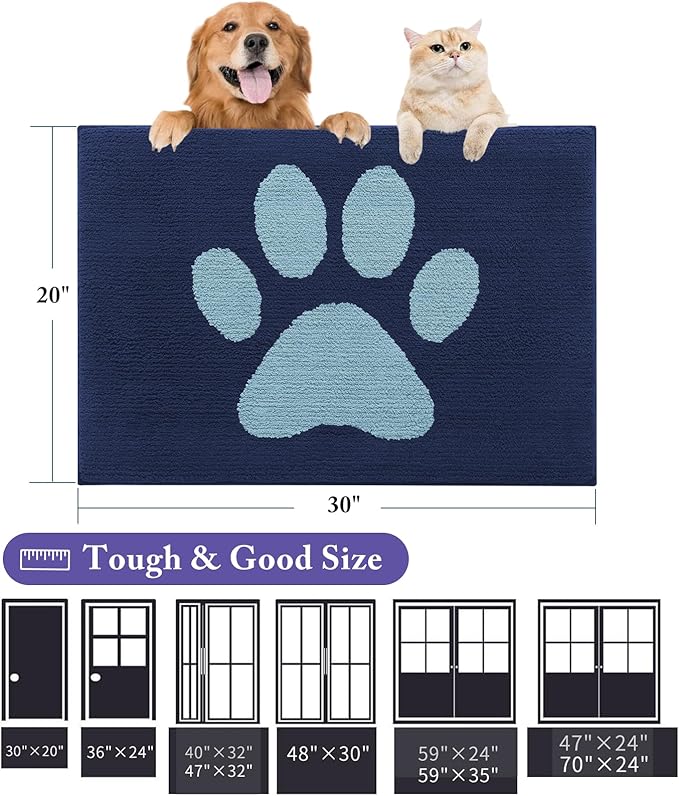 Buganda Dog Door Mat for Muddy Paws, Absorbent Dirt Trapper Non Slip Indoor Doormats, Washable Low-Profile Mat for Mud Dogs, Entryway Carpet for Inside Floor (40x32 Inches, Dark Blue)