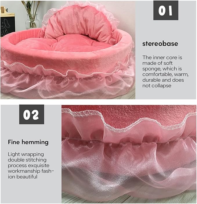 Princess Pet Bed with Bows Ruffled, Lace Design Soft and Beautiful Dog Sofa Detachable Cushion Princess Nest, Indoor Cave, Bottom, Removable Plush Cover