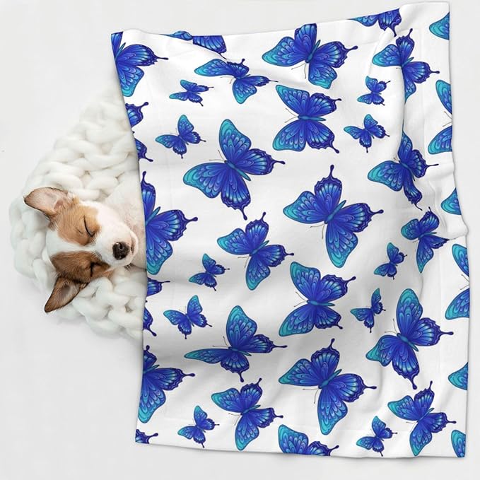 Double Sided Plush Pet Blanket with Cozy Dot Texture and Smooth Reverse, Butterflies Blue Purple, Reversible Throw for Dogs Cats on Couches Beds Crates