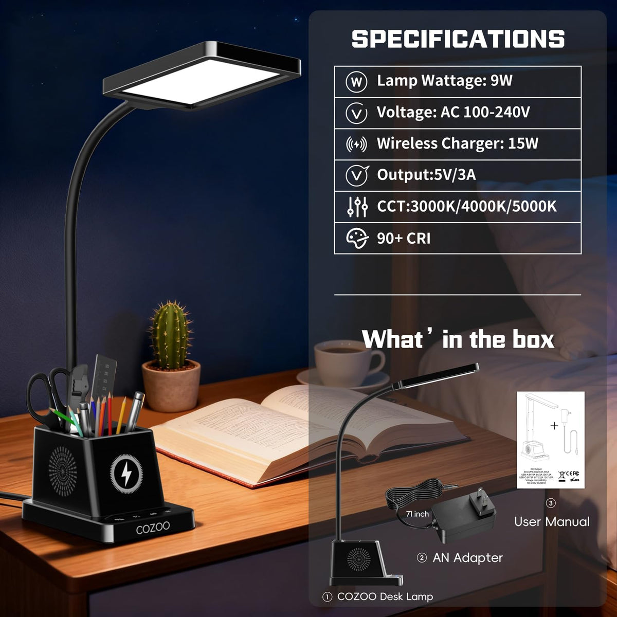 cozoo LED Desk Lamps for Home Office with Storage,15W Fast Wireless Charger