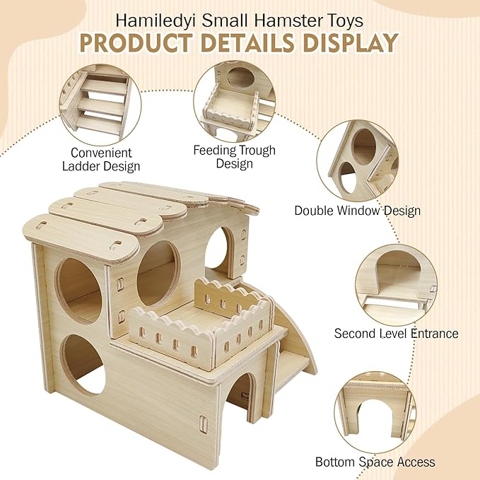Hamiledyi Wooden Hamster Hideout Maze Small Animal Activity Toy Hamster House and Habitat Wooden Hut with Ladder for Dwarf Hamsters Small Gerbils Tiny Mice and Other Similar Sized Animals