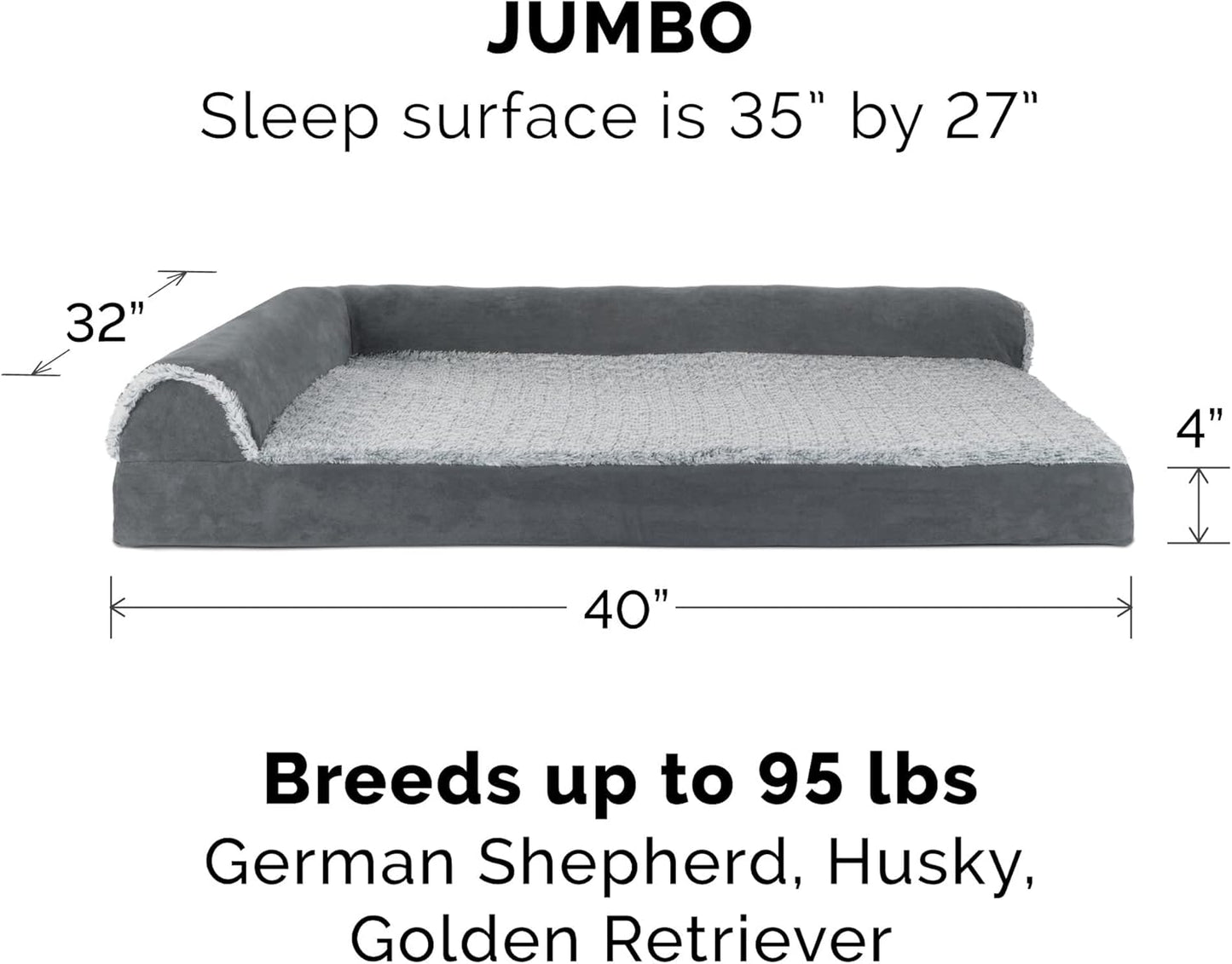 Furhaven Cooling Gel Dog Bed for Large Dogs w/ Removable Bolsters & Washable Cover, For Dogs Up to 95 lbs - Two-Tone Plush Faux Fur & Suede L Shaped Chaise - Stone Gray, Jumbo/XL